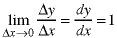 lim(deltax->infinity; deltay/deltax)  =  dy/dx  = 1