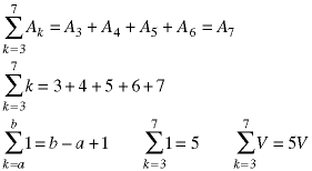 Examples including sum(k=3->7; k) = 3+4+5+6+7