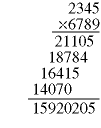 Figure showing the American way to multiply two 4-digit numbers: 2345*6789 = 15920205