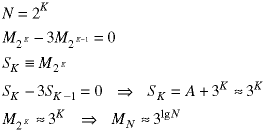 N = 2^K; M(2^K) - 3*M(2^(K-1)) = 0; S(K) = M(2^K); S(K) = 3*S(K-1) = 0  ->  S(K) = A + 3^K = 3^K;  M(2^K) = 3^K  ->  M(N) = 3^(lgN)
