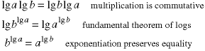 lg(a)*lg(b) = lg(b) * lg(a) - multiplication is commutative; 
lg(b^lga) = lg(a^lgb)  - fundamental theorem of logs; 
b^lga = a^lgb - exponentiation preserves equality