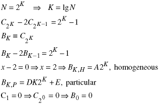 N = 2^K --> K = lg(N);  C(2^K) - 2*C(2^(K-1)) = 2^K =1;   B(K) defined as C(2^K);  B(K) - 2*B(K-1) = 2^K -1;  x - 2 = 0 --> x = 2 --> B(K; homogeneous) = A*2^K;  B(K; particular) = D*K*2^K + E;  C(1) = 0 --> C(2^0) = 0 --> B(0) = 0