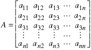 Figure showing the matrix A whose elements are a11 in the upper left corner then a12, a13, ..., a1n across the top row; a21, a22, ..., a2n across the second row and so  forth. The last row is an1, an2, an3, ... ann.