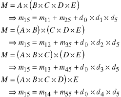 M = A * (B*C*D*E)  ->  m15 = m11 = m25 = d0 * d1 * d5;  M = (A*B) * (C*D*E)  ->  m15 = m12 + m35 = d0 + d2 + d5;  M = (A*B*C) * (D*E)  ->  m15 = m13 + m45 + d0 + d3 + d5;  M = (A*B*C*D) * E  ->  m15 = m14 + m55 + d0 + d4 + d5