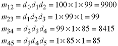 m12 = d0*d1*d2 = 100*1*99 = 9900;  m23 = d1*d2*d3 = 1*99*1 = 99;  m34 = d2*d3*d4 = 99*1*85 = 8415;  m45 = d3*d4*d5 = 1*85*1 = 85