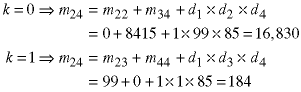 k=0  ->  m24 = m22 +m34 + d1*d2*d4 = 0 + 8415 + 1*99*85 = 16,830;  k=1  ->  m24 = m23 + m44 + d1+d3+d4 = 99 + 0 + 1*1*85 = 184