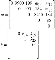 Figure showing the m matrix with the three values calculated above entered along the diagonal which represents sequences of length three. A k matrix - also 5x5 - is shown in which the corresponding diagonal contains the values 0,1,0. All elements below this are empty because their values don't matter.