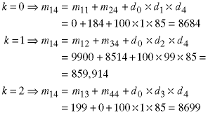 k=0 -> m14 = m11 + m24 + d0*d1*d4 = 0 + 184 + 100*1*85 = 8684; k=1 -> m14 = m12 + m34 + d0*d2*d4 = 9900 + 8514 + 100*99*85 = 859,914; k=2 -> m14 = m13 + m44 + d0*d3*d4 = 199 + 0 + 100*1*85 = 8699