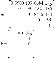 These new m values have been added to the m matrix along the diagonal corresponding to subsequences of length 4 and the values 0,1 are placed int he corresponding diagonal in the k matrix.