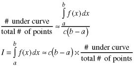 (# of points under curve)/(total # points inside rectangle) = integral(x=a -> b; f(x)dx) / (c * (b-a));  I = integral(x=a->b; f(x)dx approx= c * (b-a) * (# points under curve) / (total # of points inside rectangle)