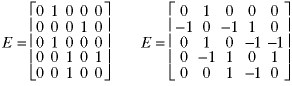 Two 5x5 E matrices. The first has rows 01000, 00010, 01000, 00101, and 00100. The second has rows 0 1 0 0 0, -1 0 -1 1 0, 0 1 0 -1 -1, 0 -1 1 0 1, and 0 0 1 -1 0.