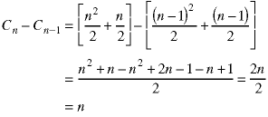 C(n) - C(n-1) = [n^2/2 + n/2] - [(n-1)^2/2 + (n-1)/2]  =  (n^2 + n - n^2 + 2*n - 1 - n + 1)/2 = 2*n/2 = n