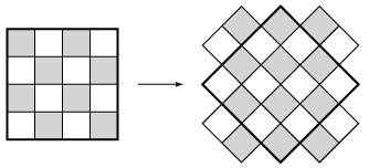 Figure showing when a chessboard is rotated 45 degrees the black and white squares form alternating black and white rows and columns.