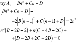 try A(n) = B*n^2 + C*n + D;  (B*n^2 + C*n + D) - 2*(B*(n-1)^2 + C*(n-1) + D) = 2*n^2;  n^2*(B - 2*B - 2) + n*(C + 4*B - 2*C) + (D - 2*B + 2*C - 2*D) = 0