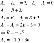 A(n) - A(n-1) = 3,  A(0) + A(1) = 0;  A(n) = B + 3*n;  A(0) = B,  A(1) = B+3;  A(0) + A(1) = 2*B + 3 = 0  ->  B = -1.5;  A(n) = -1.5 + 3*n