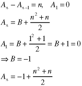 A(n) - A(n-1) = n, A(1) = 0;  A(n) = B + (n^2 + n)/2;  A(1) = B + (1^2 + 1)/2 = B + 1 = 0  ->  B = -1;  A(n) = -1 + (n^2 + n)/2