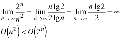 lim(n->infinity; 2^n / n^2)  = lim(n->infinity; (n*lg(2)) / (2*lg(n))) = lim(n->infinity; n*lg(2)/2) = infinity;  O(n^2) < O(2^n)