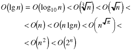 O(lg(n)) = O(log(10: n)) < O(n^(1/3)) < O(sqrt(n)) < O(n) < O(n(lg(n)) < O(n^sqrt(pi)) < O(n^2) < O(2^n)